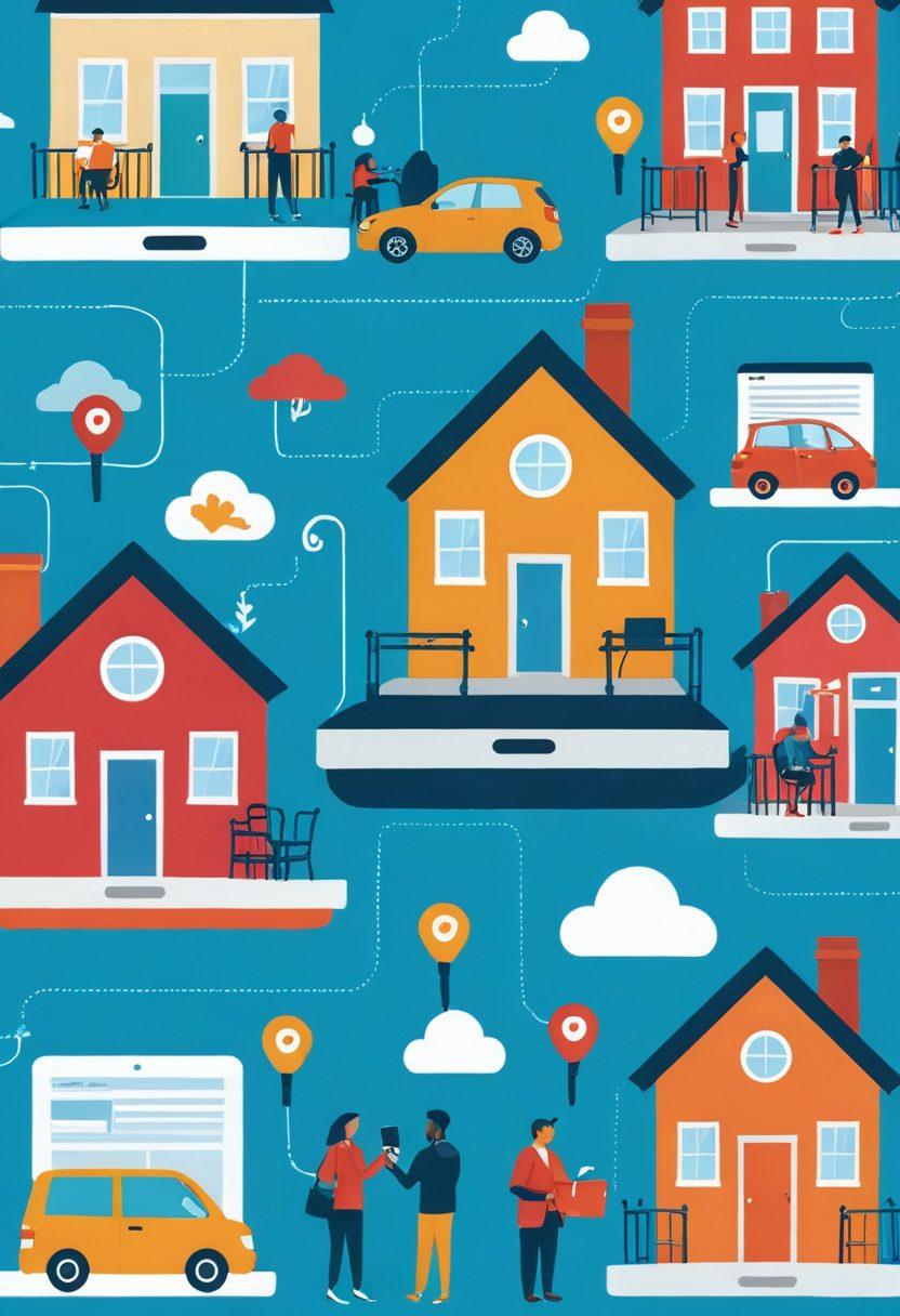 A digitally rendered scene depicting a diverse group of people happily engaging with their devices, exploring various insurance options online. Visual elements like a giant lock representing 'unlocking' insurance solutions, surrounded by colorful icons of different insurance types (health, auto, home). The background features illustrations of cityscapes and cozy homes to symbolize coverage solutions. Bright and inviting colors to evoke a sense of affordability and accessibility. modern vector art. vibrant colors.