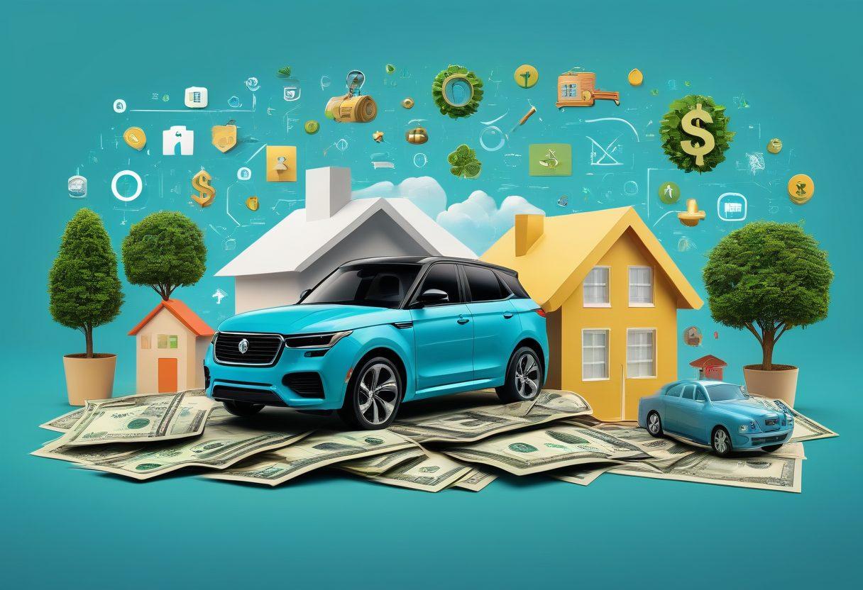 A visually engaging collage featuring symbols of auto, home, and health insurance, surrounded by dollar signs and budget-friendly icons, with a diverse group of people discussing options together. The background is a calming blue with hints of green to convey trust and financial security. Designs should be modern and relatable, blending elements of digital technology and warmth. super-realistic. vibrant colors. 3D.