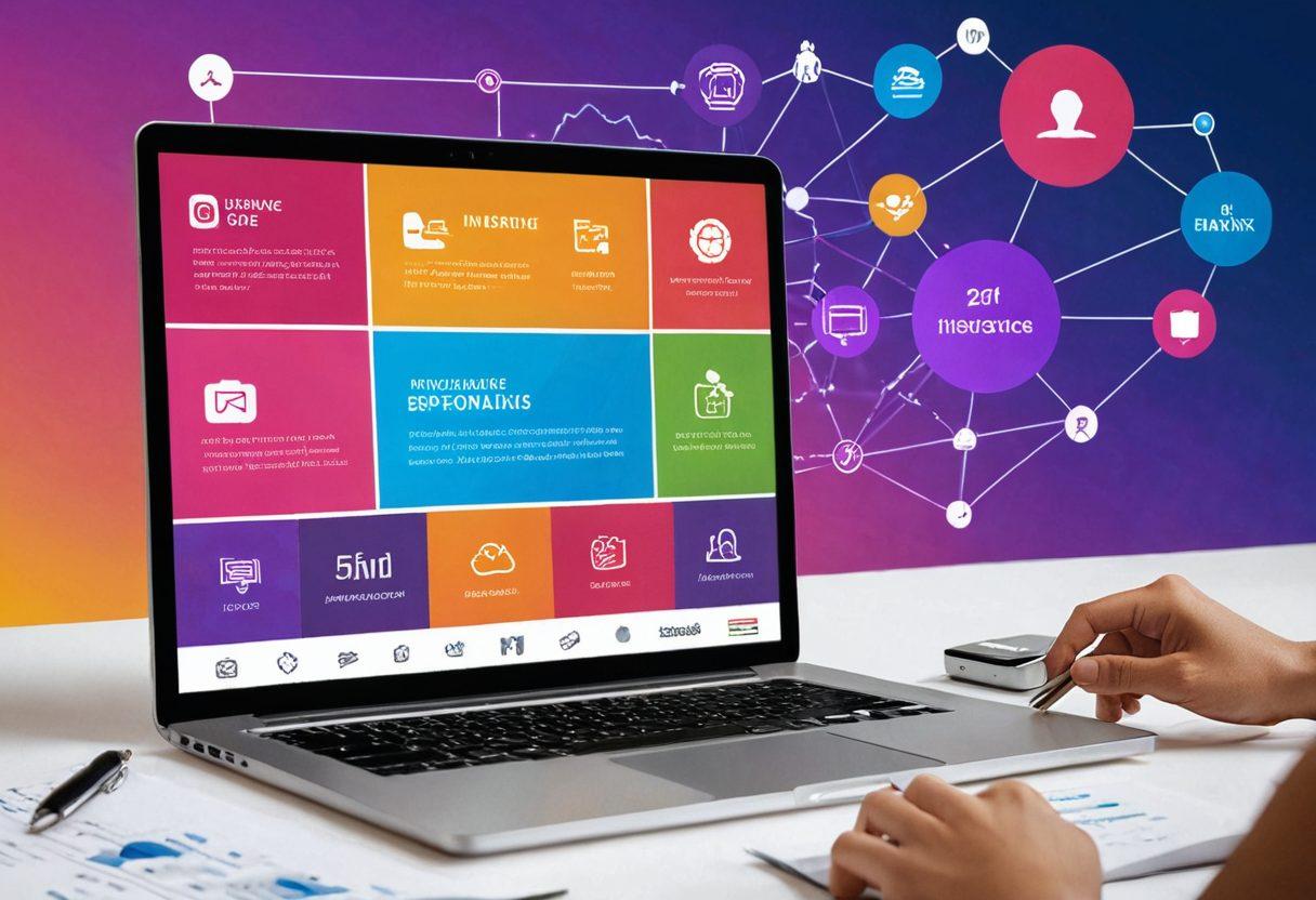 A futuristic laptop screen displaying a comparison chart of various insurance quotes and policies, with vibrant graphs and icons. Surrounding the laptop are diverse people from different backgrounds collaboratively discussing their findings, symbolizing inclusivity and accessibility. The background features a digital cloud motif, symbolizing online solutions, and a bright, engaging color palette. super-realistic. vibrant colors. digital art.